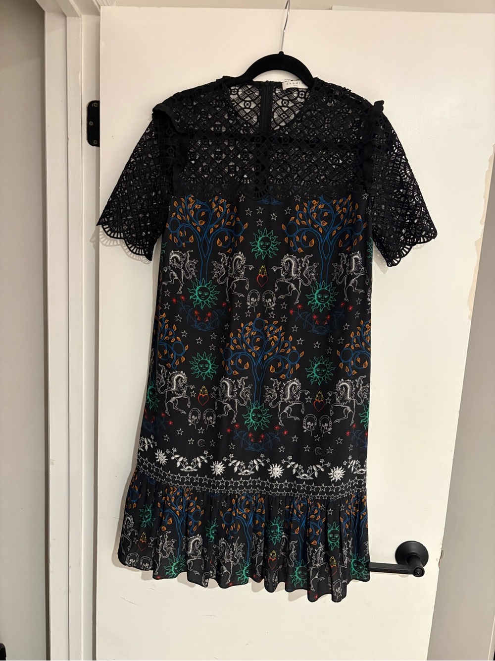 Sandro Black Lace Yoke Printed Mini Dress with Multicolor Motif